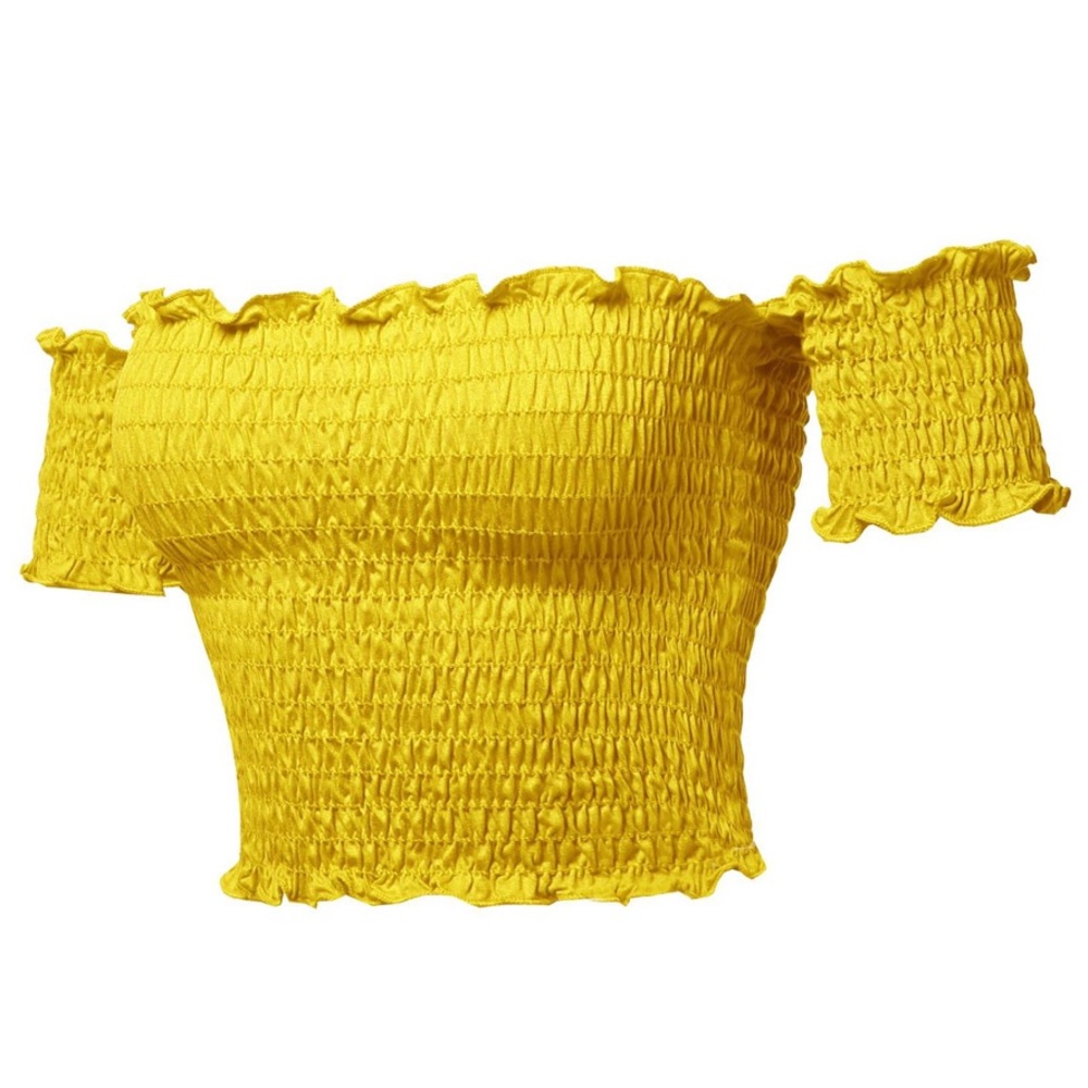 Mustard/yellow crop top off shoulder scrunch